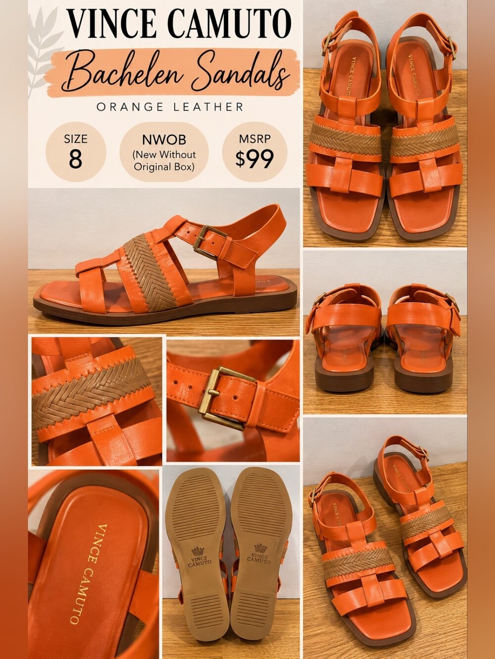 Vince Camuto Orange Leather Braided-Strap Flat Sandals NWOB